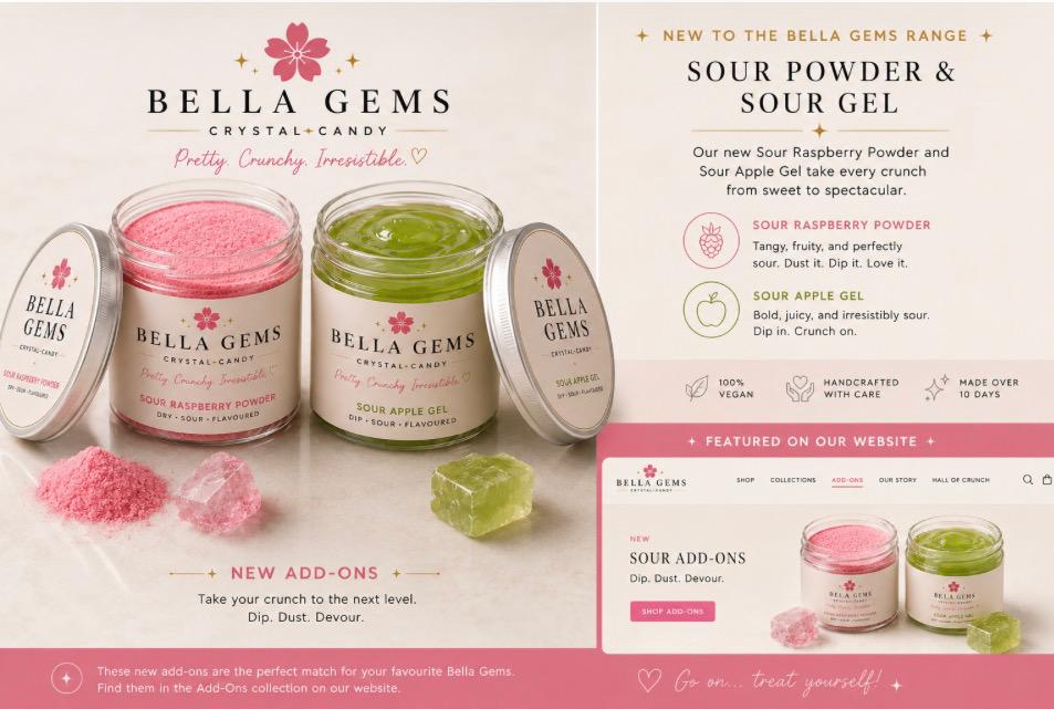 Bella Gems sour powder and sour gel jars with crystal candy